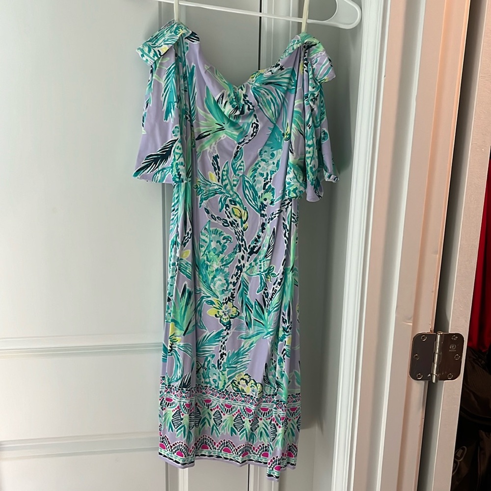 Lilly size large off the shoulder purple and green dress